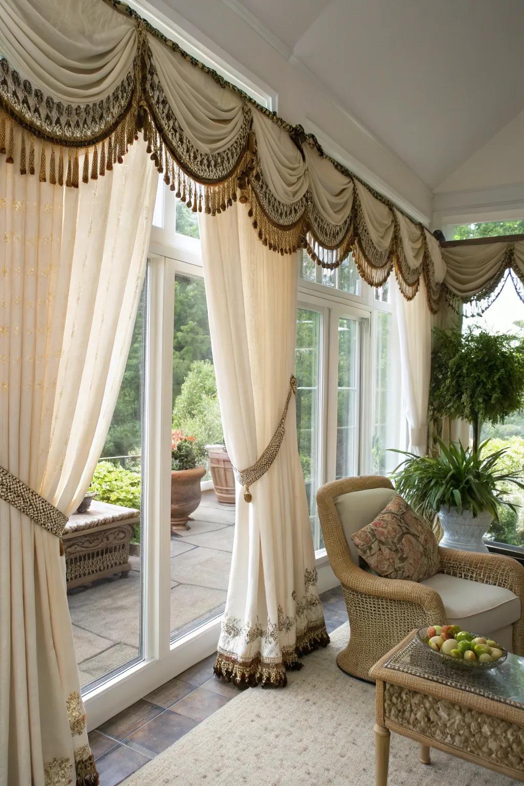 Bohemian-style drapes featuring soft fringe embellishments.