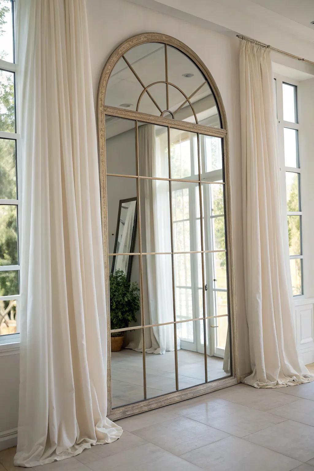 Drapes paired with a looking glass for a roomy feel.