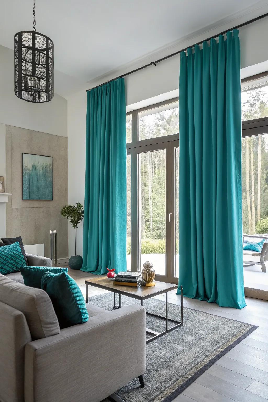 Bold window coverings can act as a vibrant point in a neutral area.