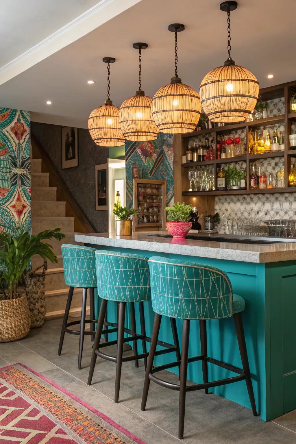 A varied home bar showcasing daring color touches and unique lighting.