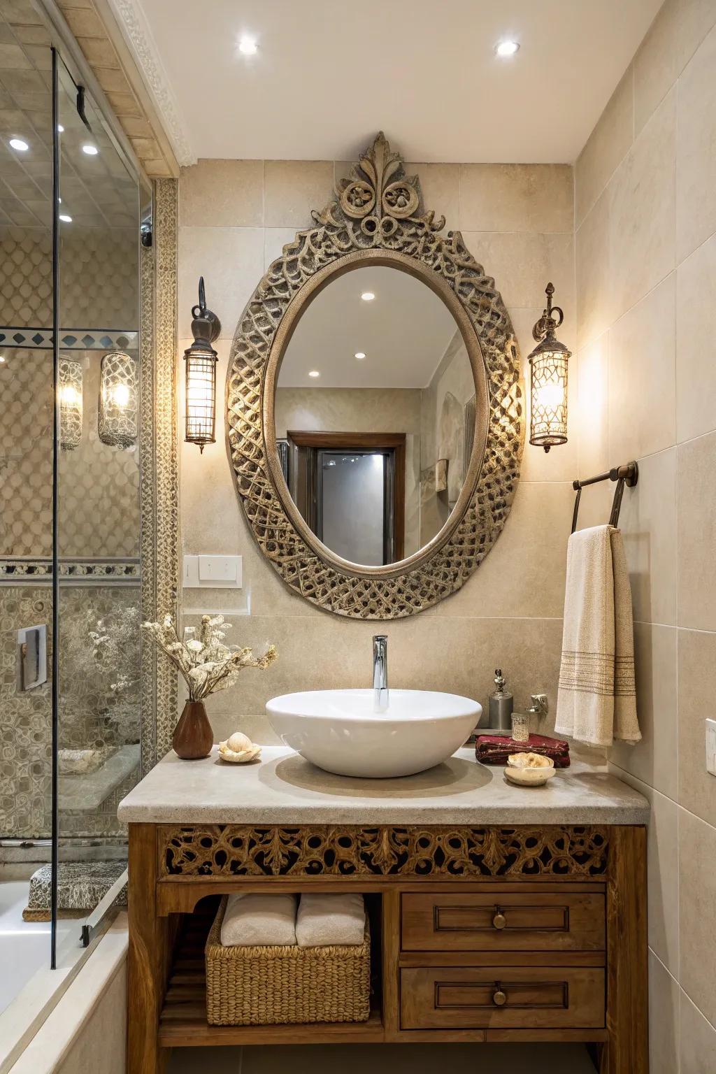 An assortment of looking glasses introduces charm and individuality to any restroom.