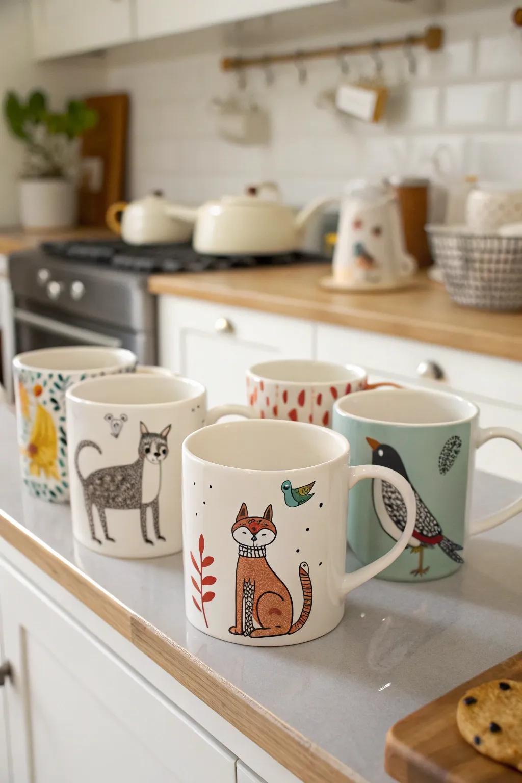 Brighten your mornings through cheerful pottery mugs.