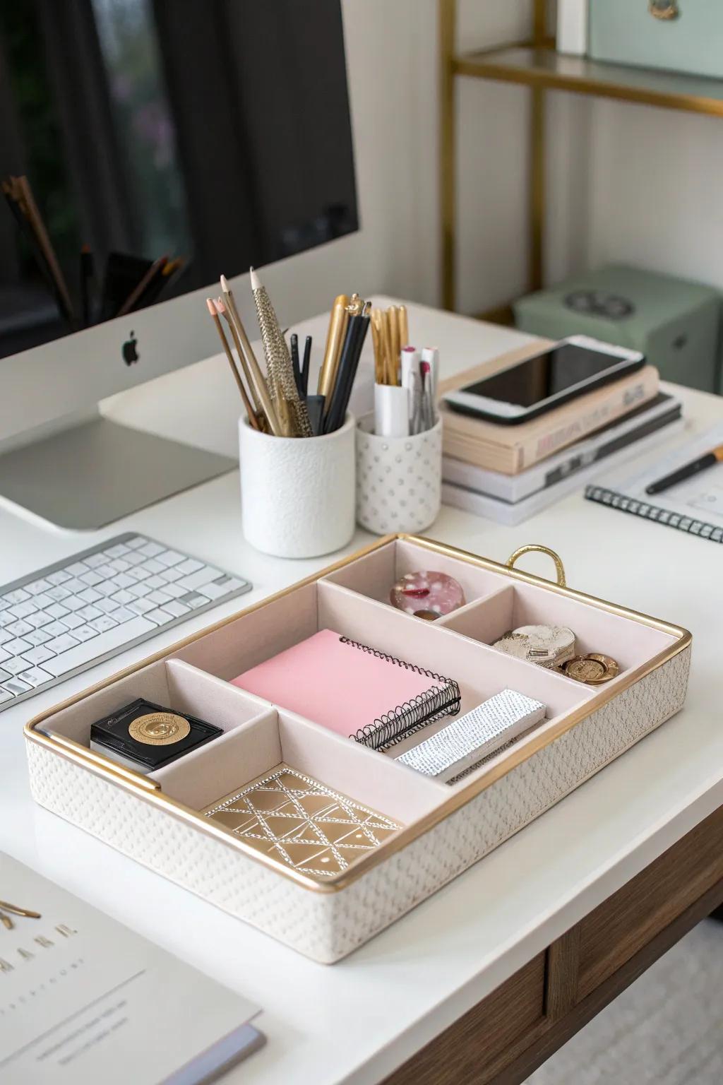 A desk featuring stylish trays and organizers for a tidy design.
