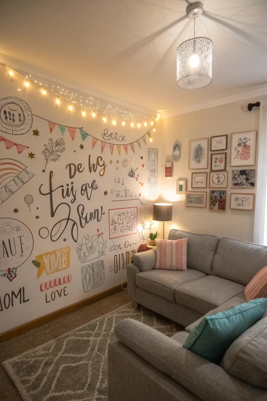 Uplifting sayings add character to a living room.