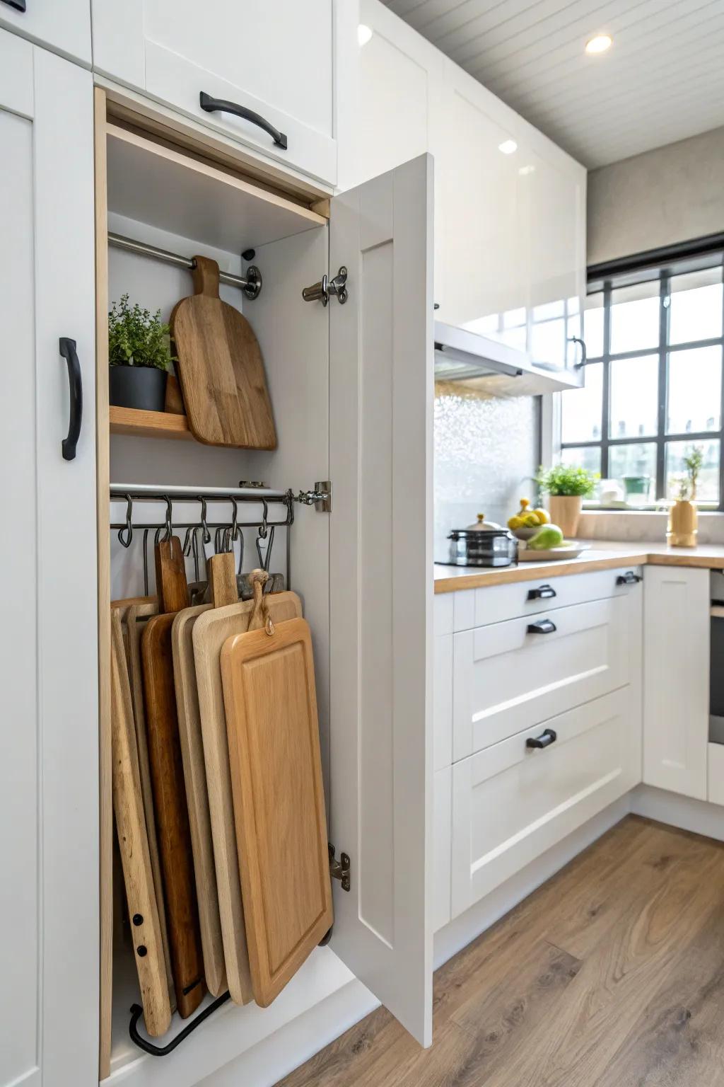 Inside of a storage unit door providing storage for chopping surfaces.