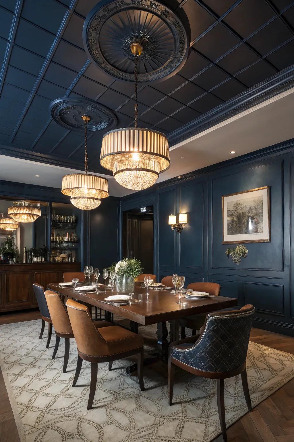 A striking dining space featuring a navy overhead.