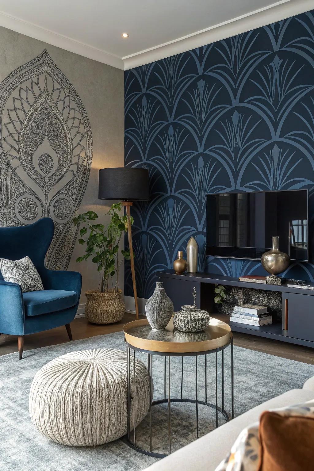 Non-figurative navy wallpaper is ideal for the art enthusiast.