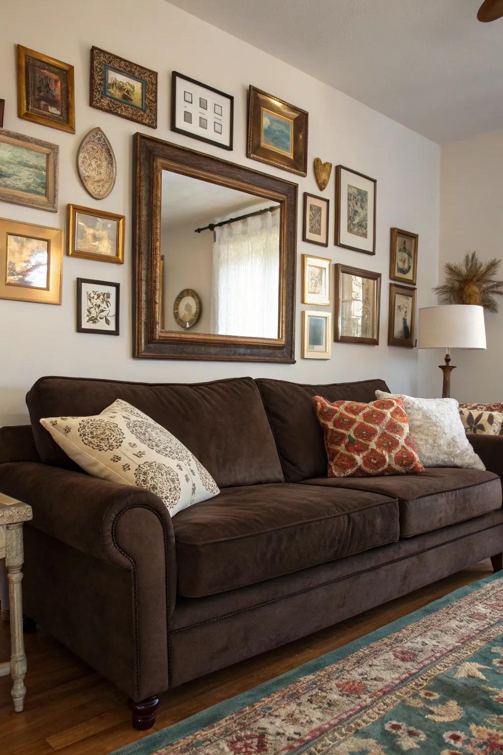 A gallery wall enlivens and highlights your deep chocolate couch.