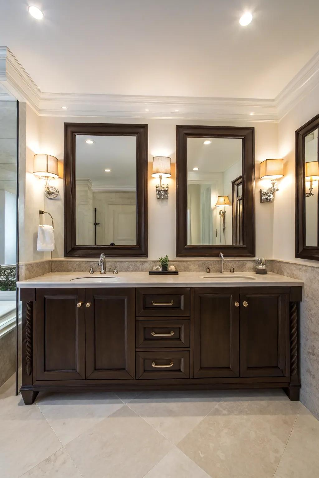 Matching dressing tables for a harmonized and sumptuous bathroom atmosphere.