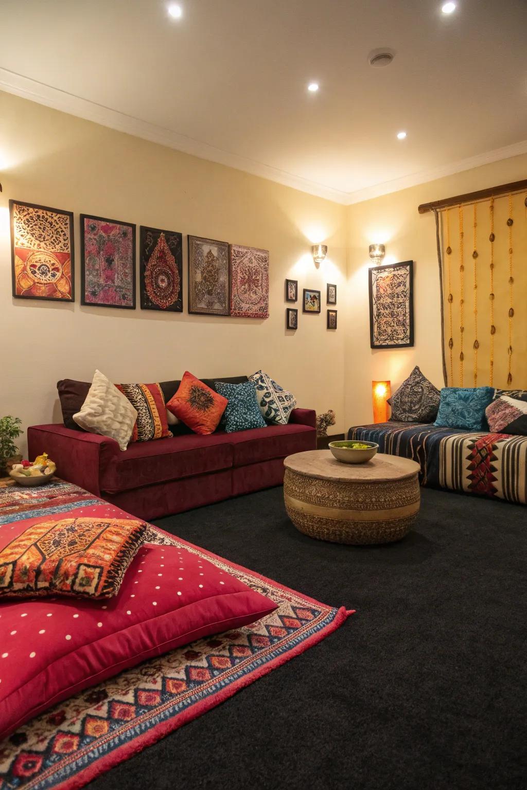 Bright decorations add vitality to a space featuring a dark-toned floor covering.