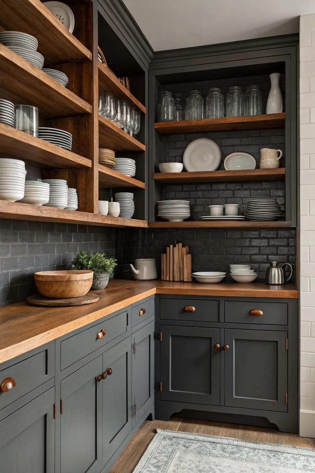 Profound shadow-toned units supplemented by open racks exhibiting exquisite dishware.