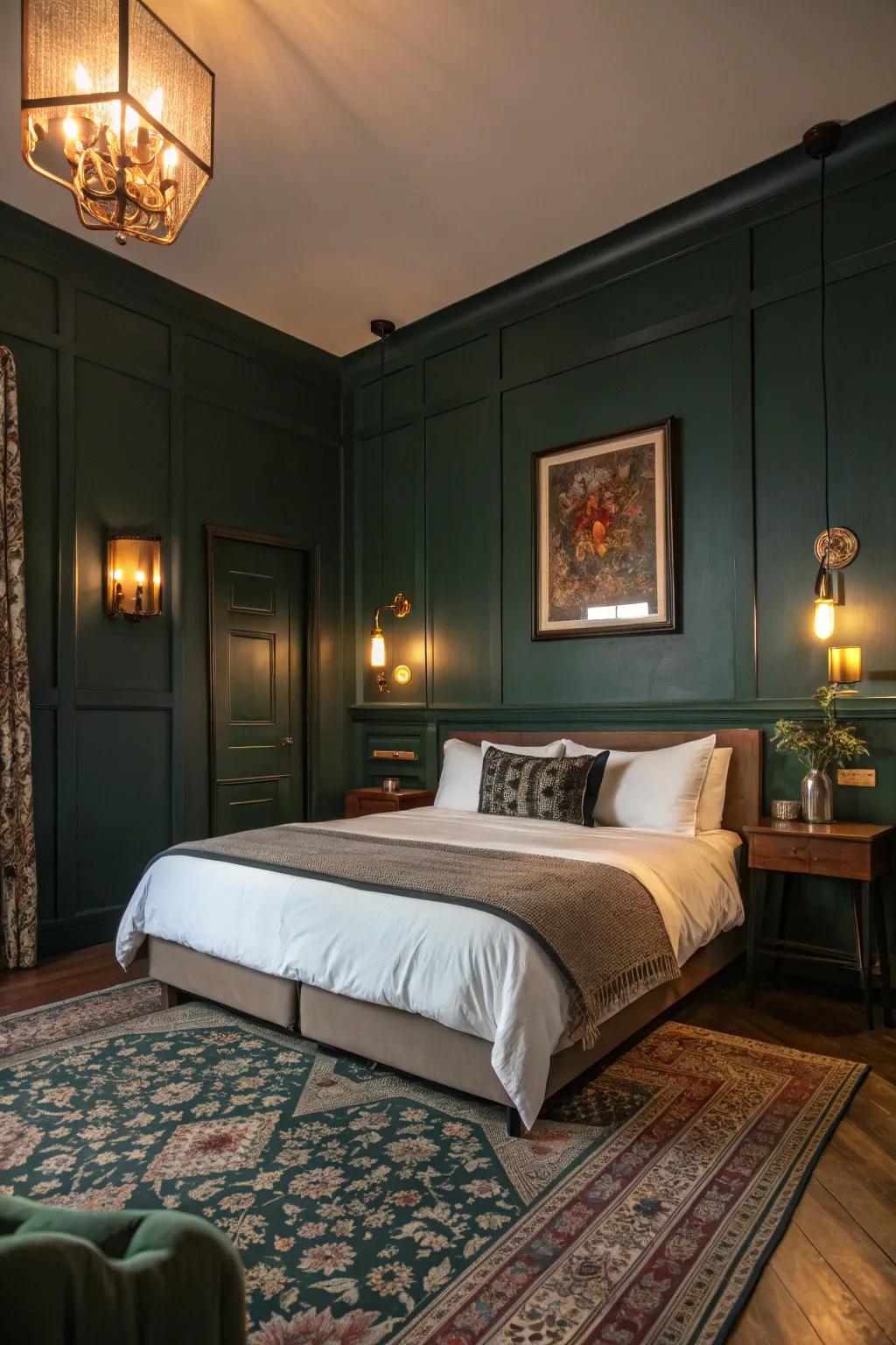 A bedroom presenting shaded-green walls brightened through comforting illumination components.
