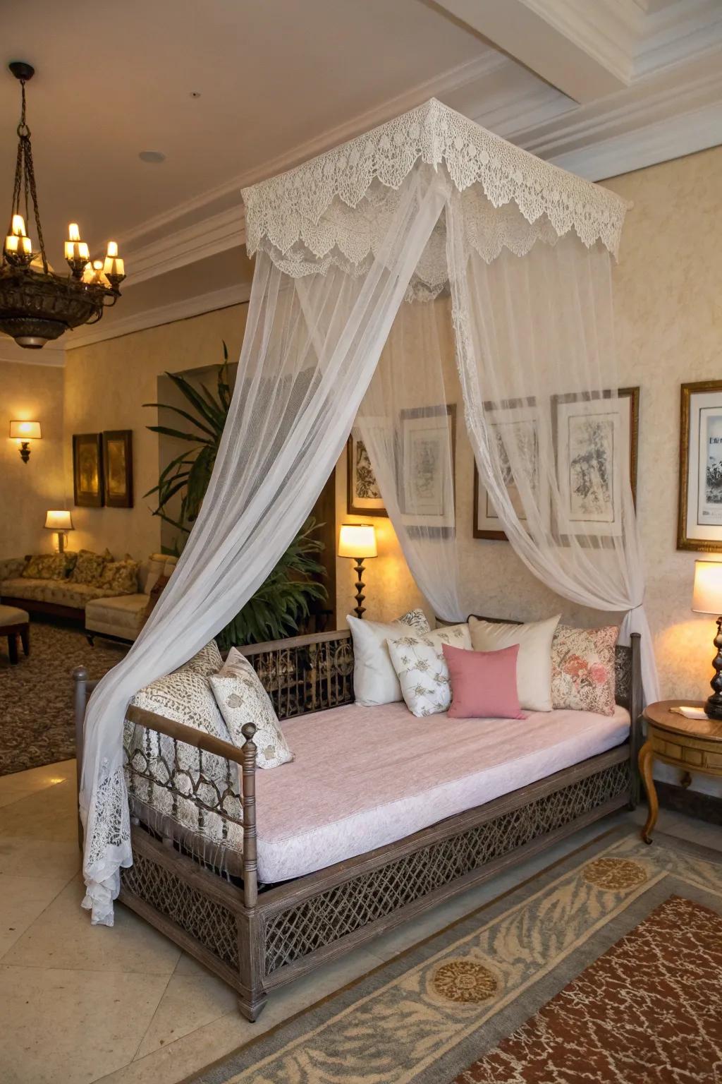 A canopy introduces a touch of drama, enhancing the sophisticated design of this daybed.