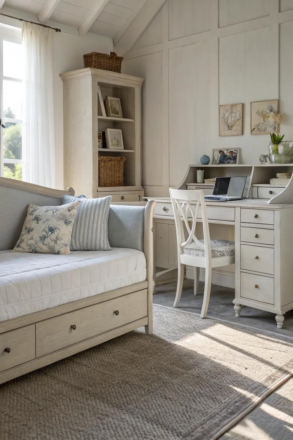 Neutral shades introduce tranquility and openness to a multi-functional area.