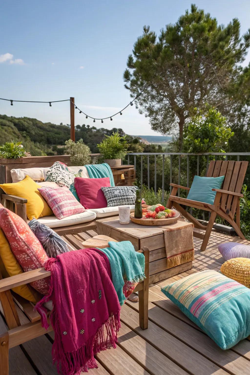 Your deck will have warmth, color, and comfort thanks to soft textiles.
