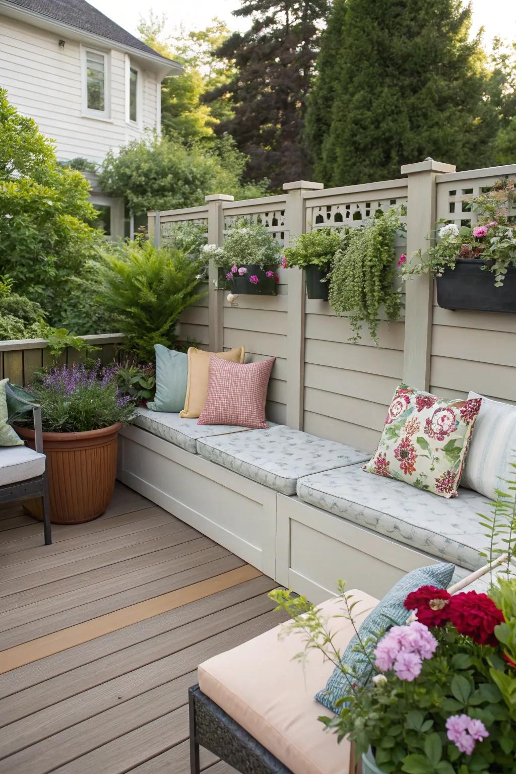 A functional privacy wall with built-in seating for comfort.