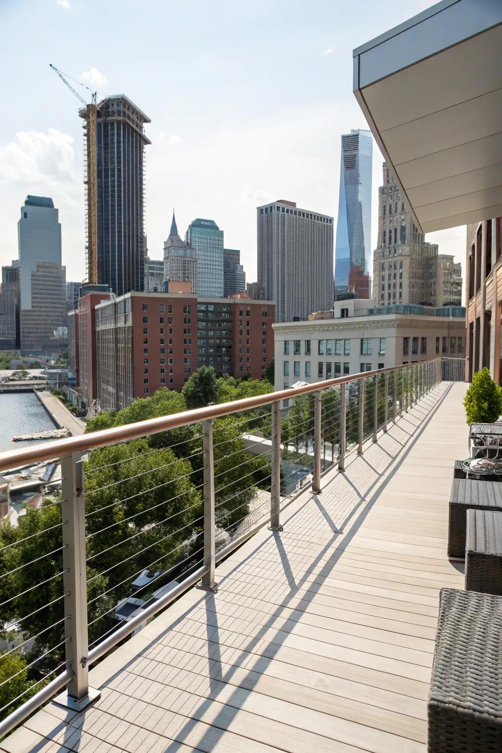 A modern deck featuring stylish string boundaries, set against an urban architectural backdrop.