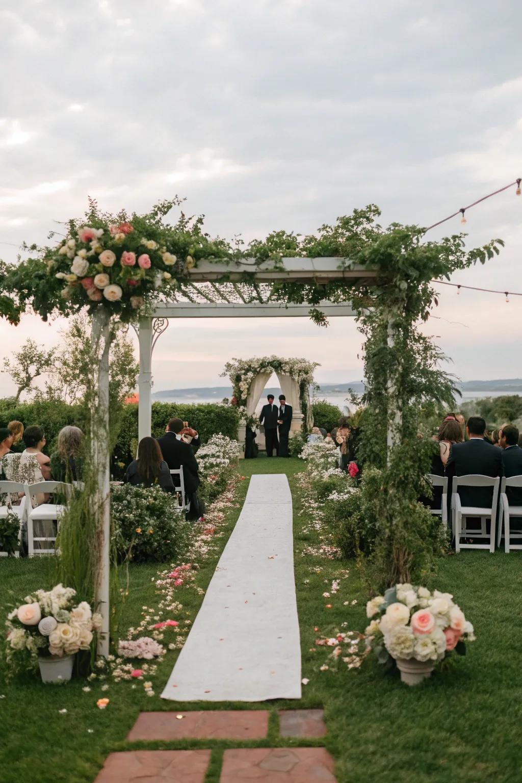 A serene garden backdrop intended for a wedding ceremony.