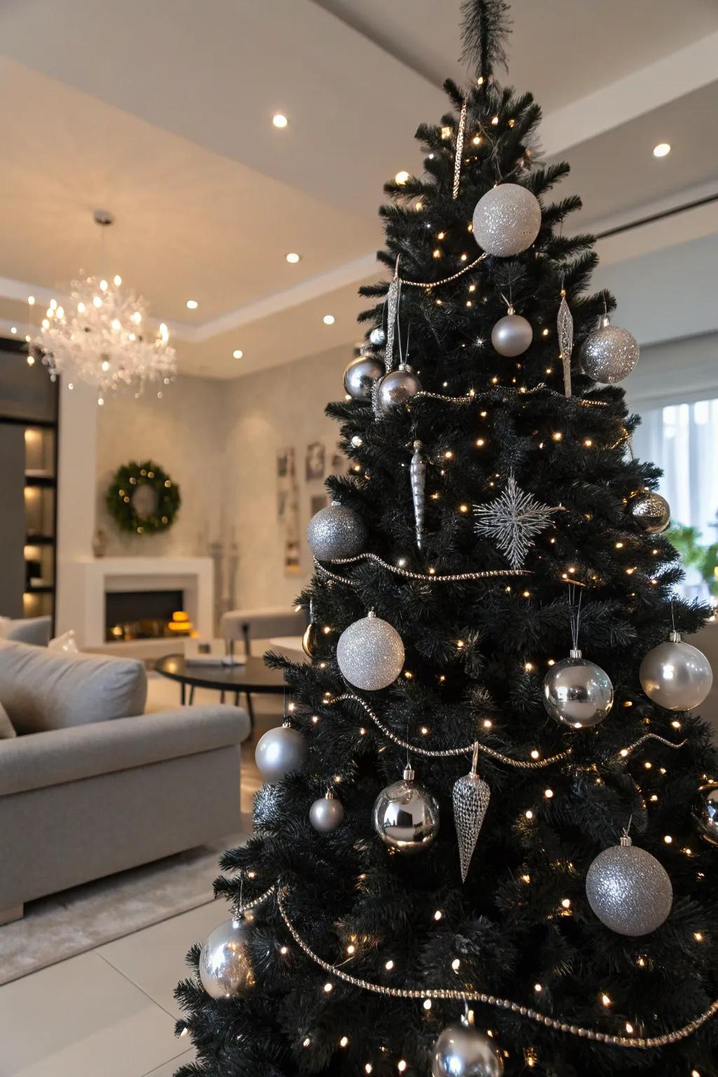 An ebony fir with shimmering silver decorations.