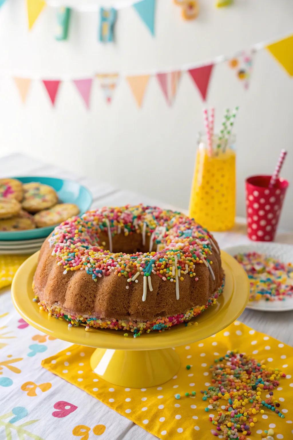 A ring cake beautified with vibrant, colorful sprinkles.