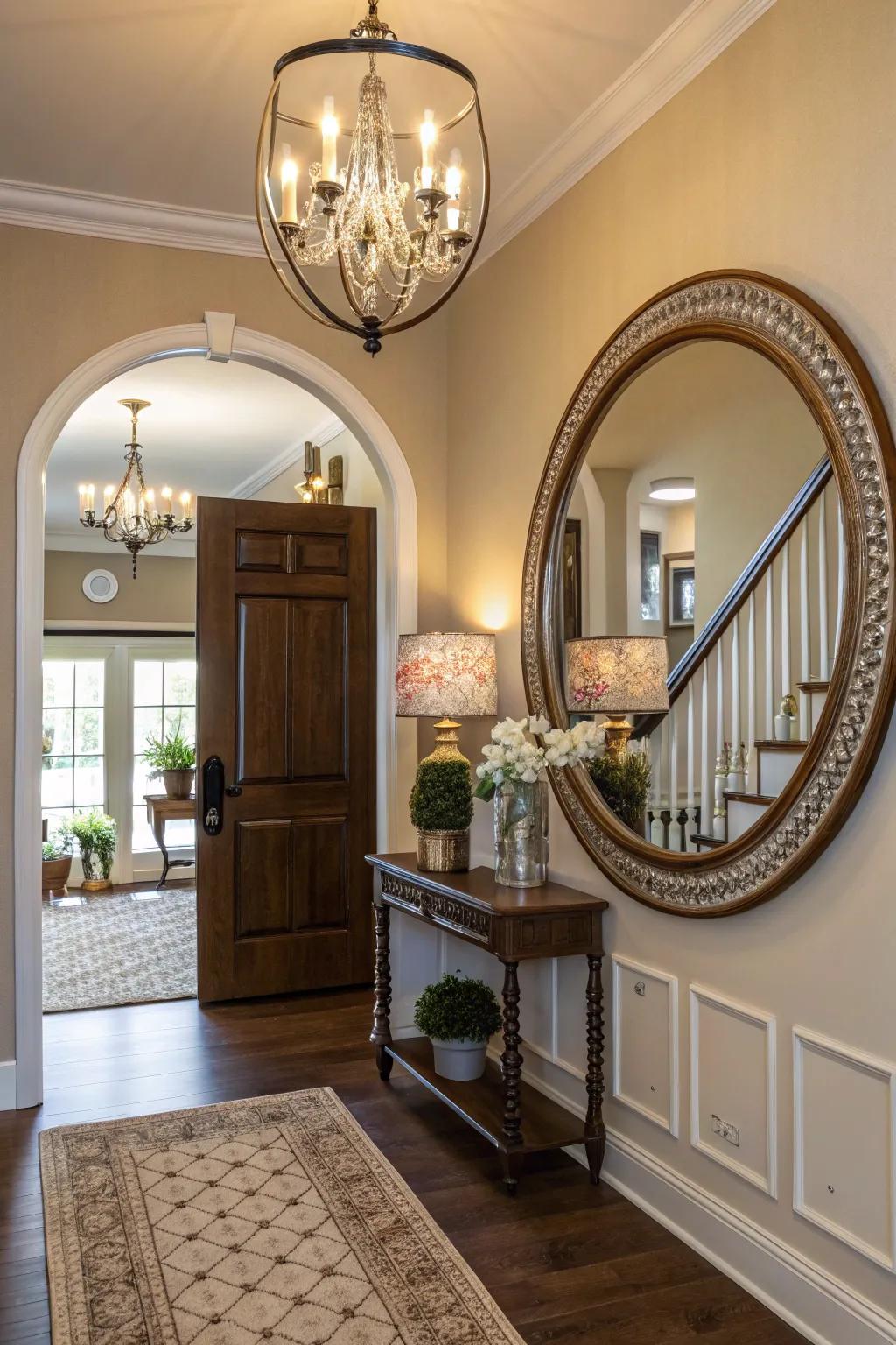 A mirror in the vestibule fosters a vibrant and inviting setting.