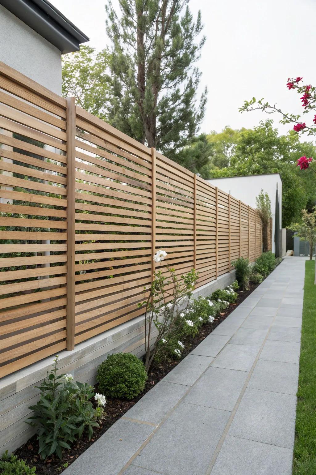 Even slats fashion a fashionable and contemporary fence design.