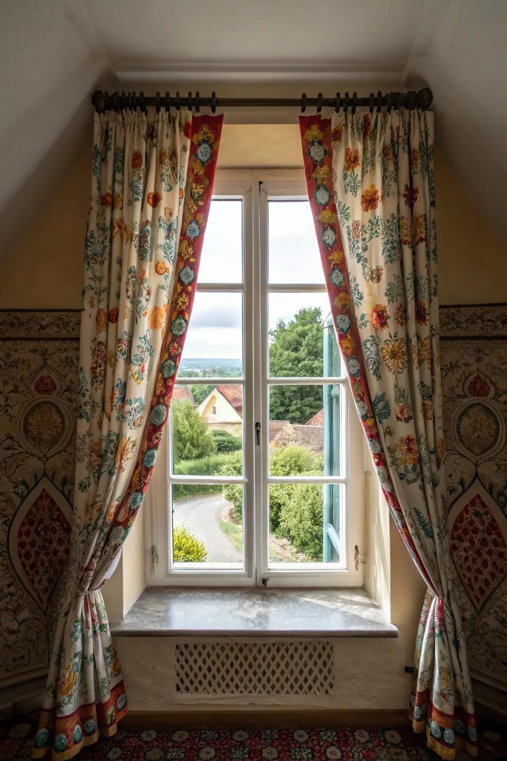 Striking draperies imbue both flair and solitude to your dormer.