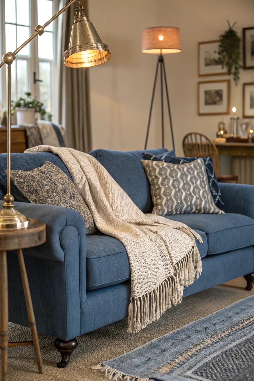 A selection of surfaces enriches the physical attraction of a horizon hue couch.