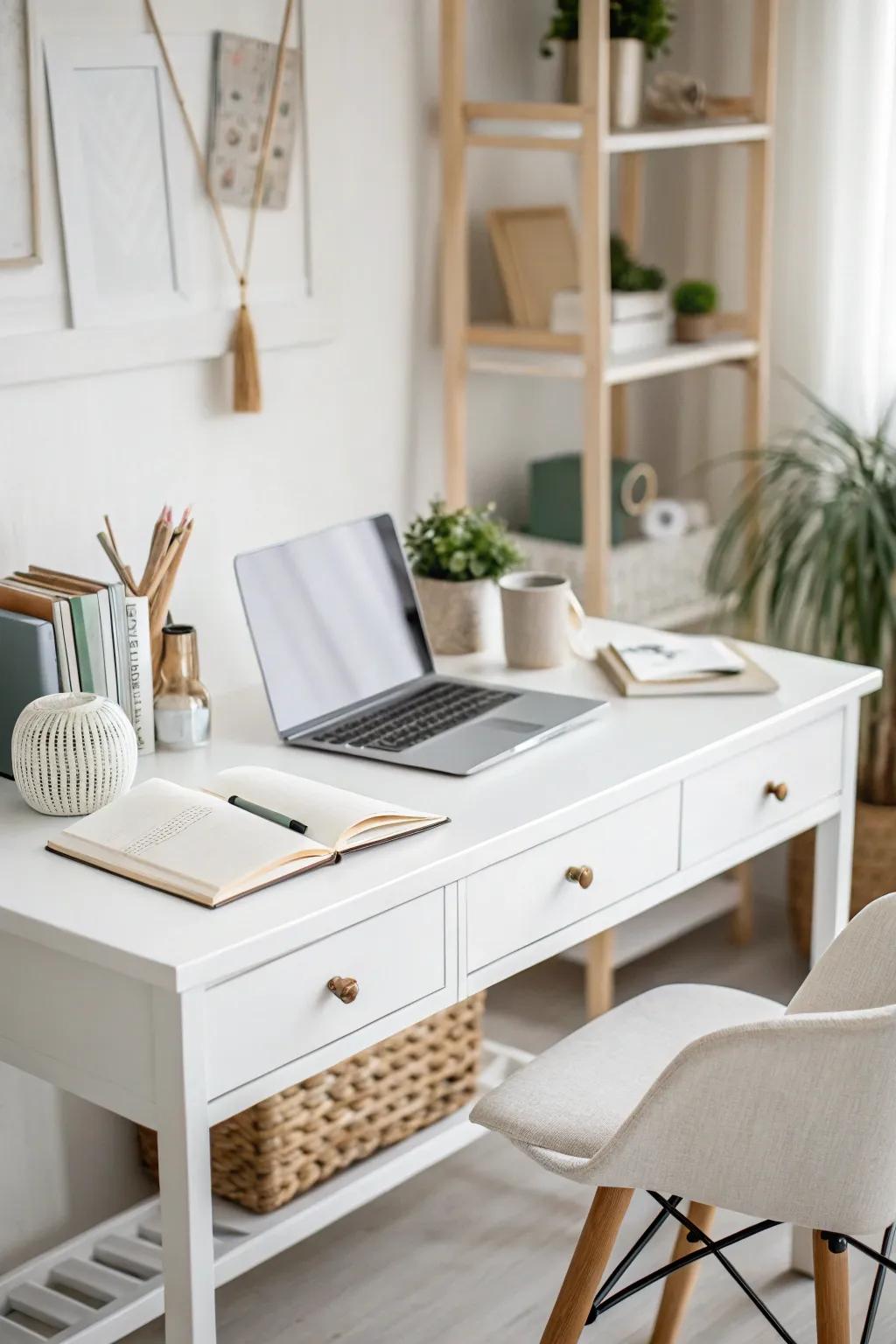 A pristine white desk offers a fresh, clean commencement to your day.