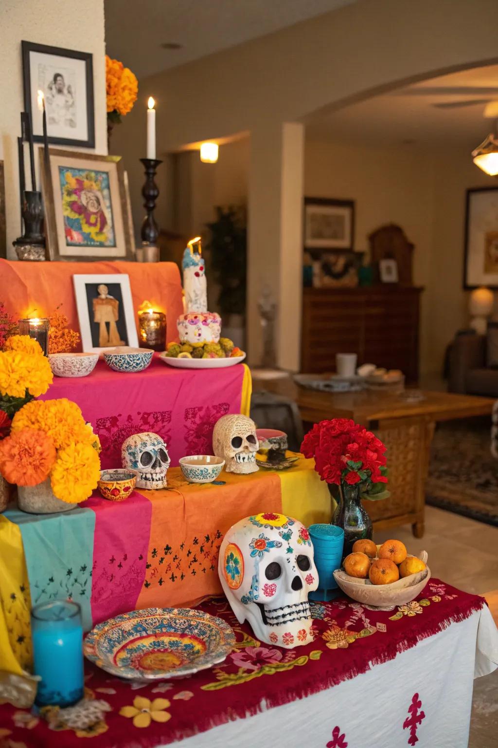 Sugar skulls contribute a lively, colorful touch to the altar.