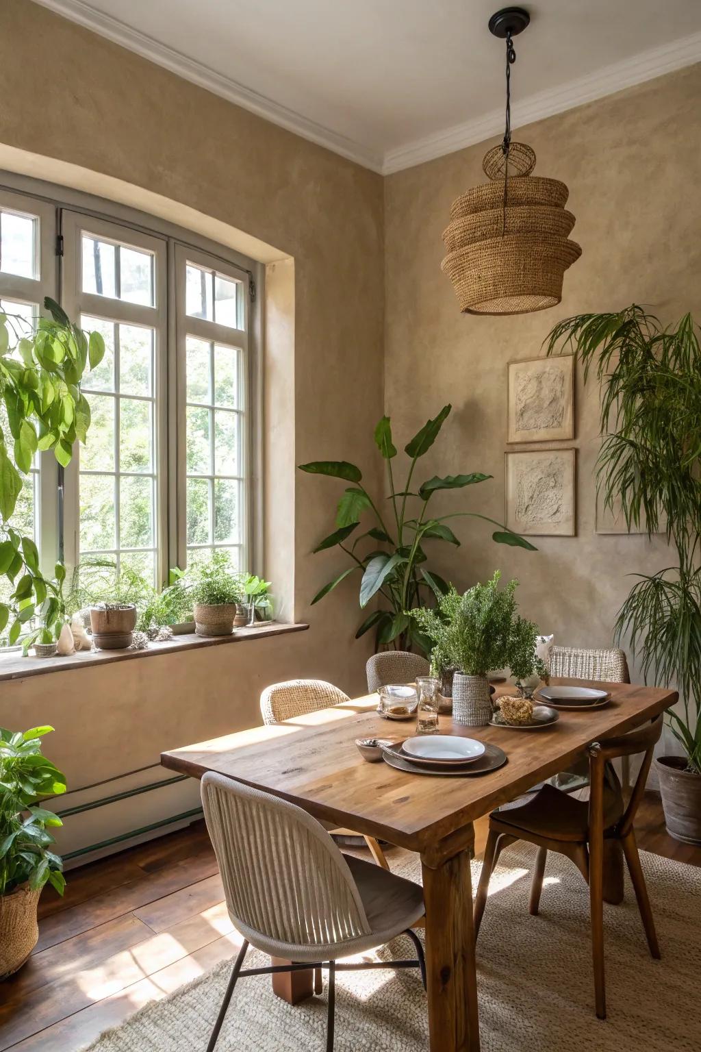 A dining space exuding warmth with native color tones.