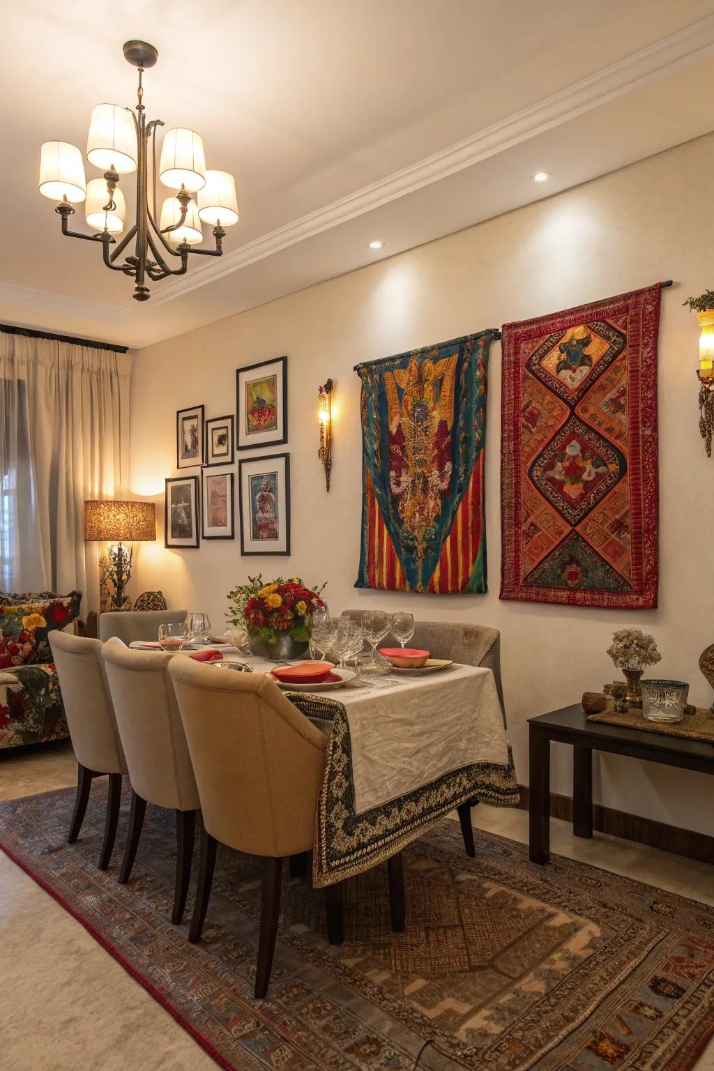 A subtle palette accented with dynamic colors animates the dining room.