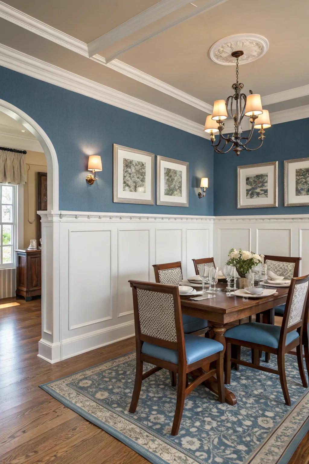 Dual-tone wainscoting introduces visual interest through a harmonious mix of shades.