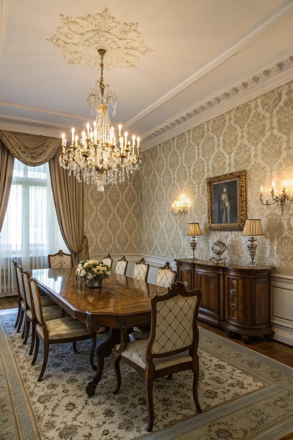 Timeless brocade wall covering brings enduring beauty to this dining space.