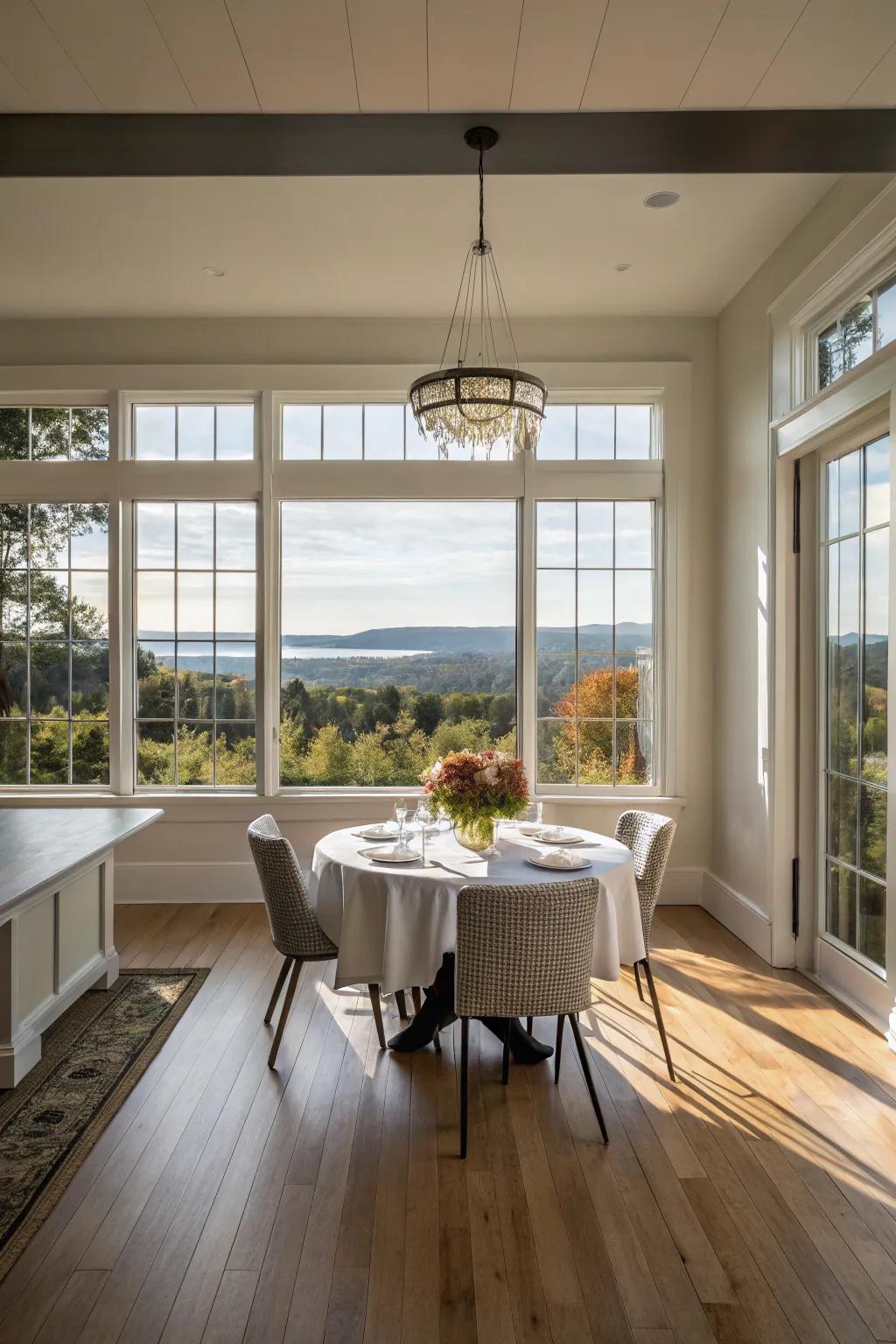 Scenic windows surround gorgeous outdoor scenes, enhancing the eating adventure.