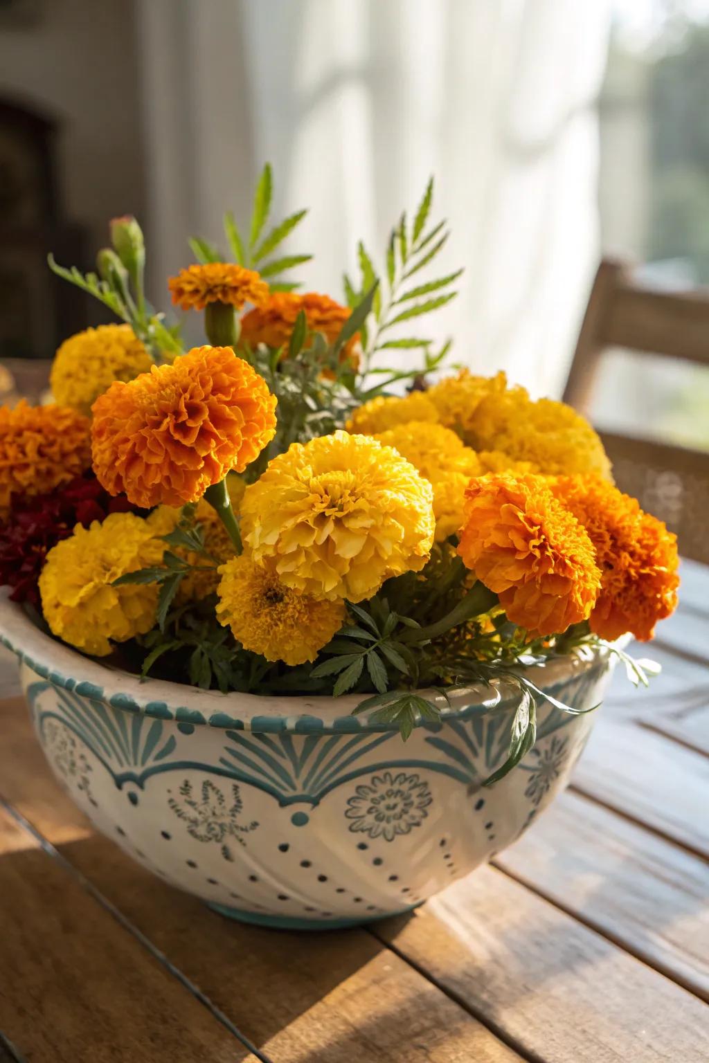 Golden marigold plans contribute an organic and fragrant element.