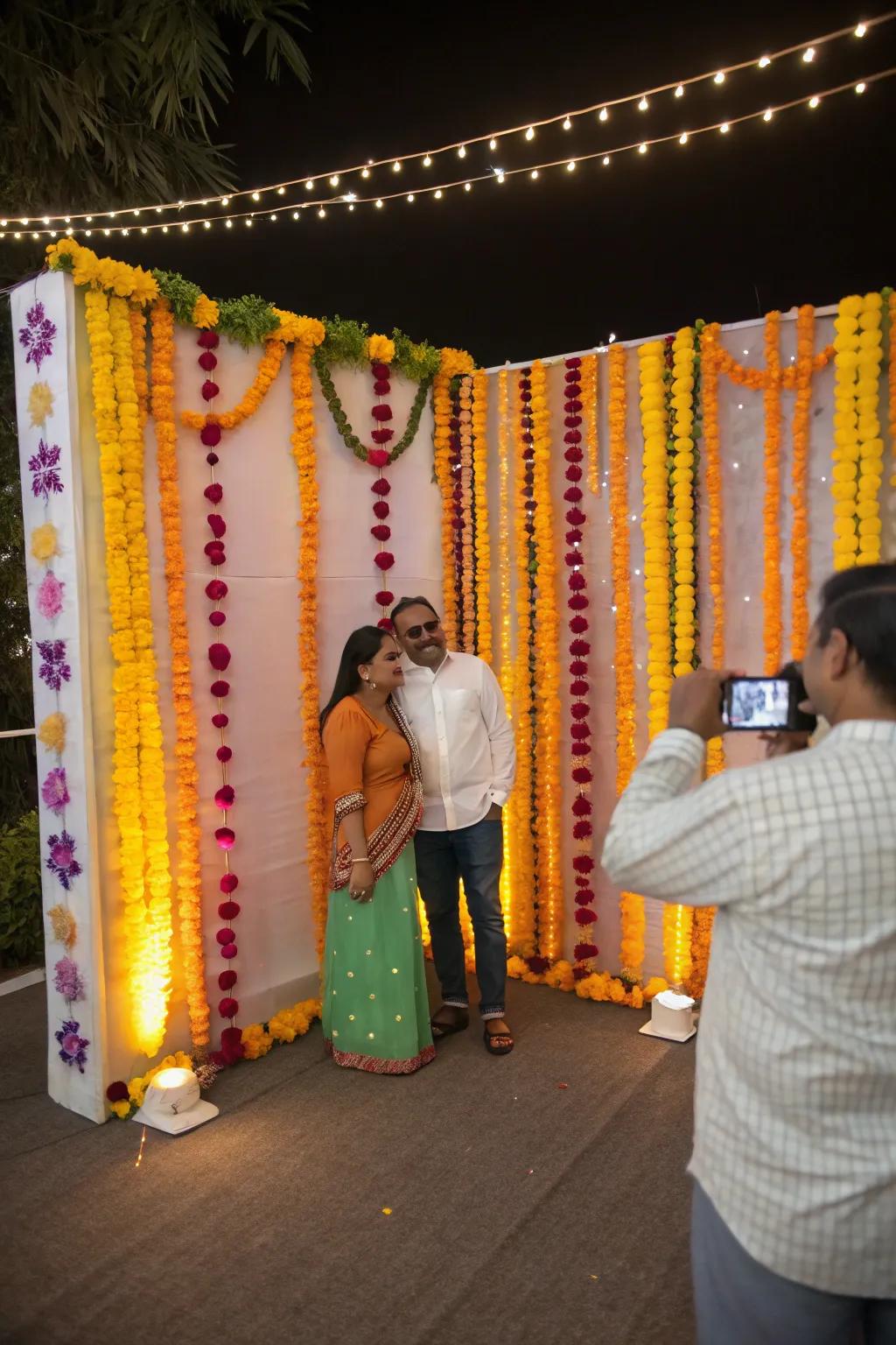 Marigold festoons adding a traditional impression to the photo booth.