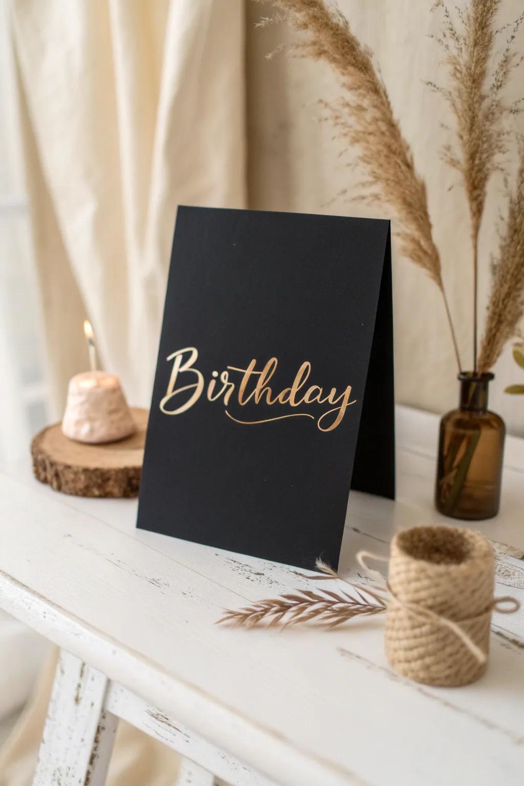 Inject a personalized impression into your birthday wishes using fashionable penmanship in gold on jet-black.