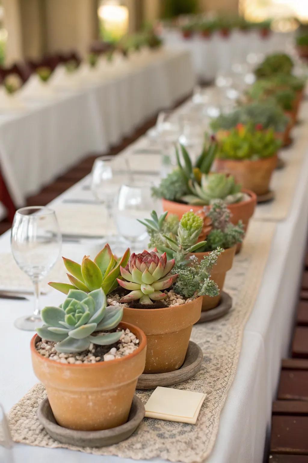 Elegant and eco-friendly miniature cactus centerpieces.