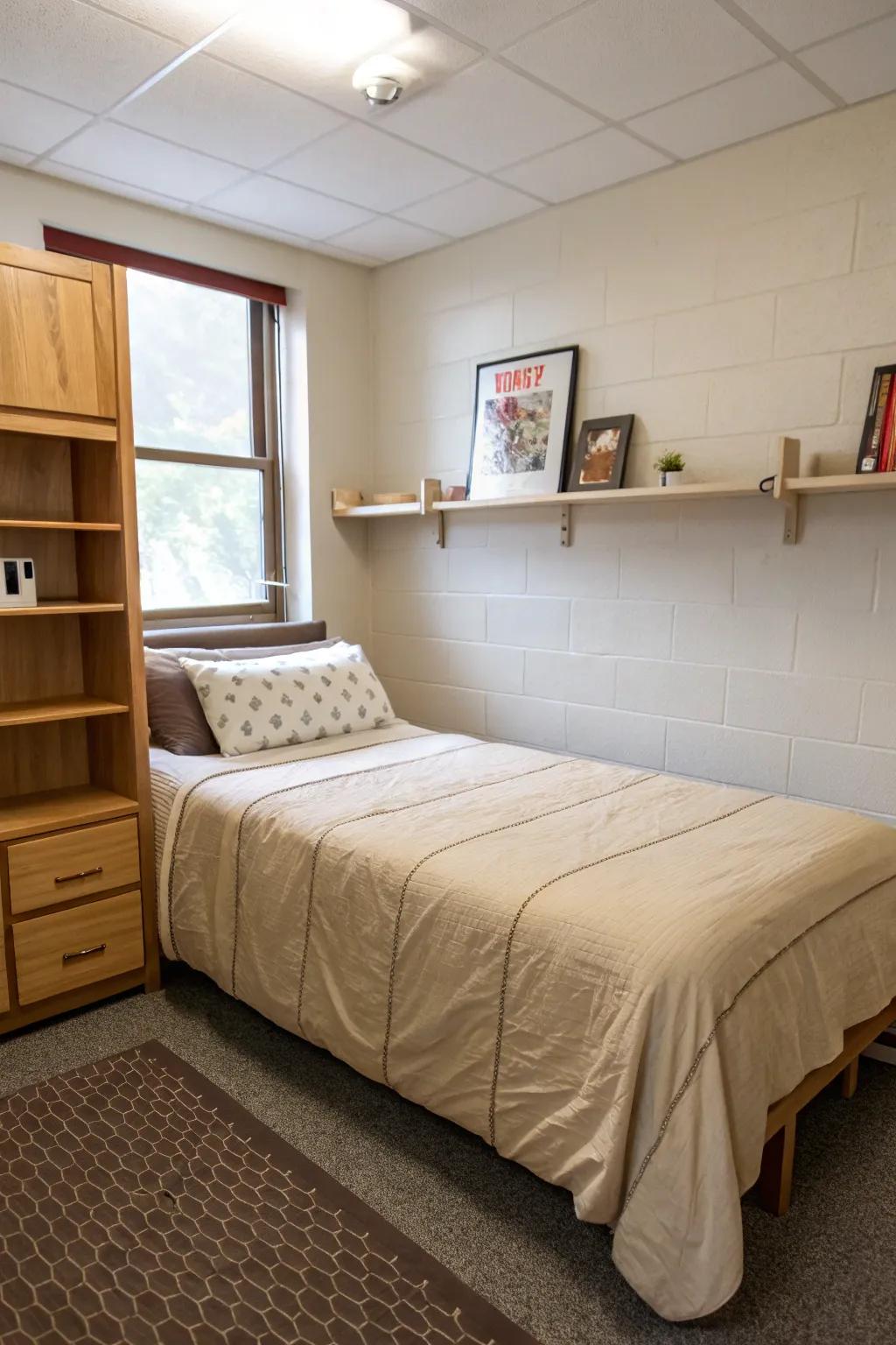 A dorm bed featuring minimalist, neutral-colored bedding for a polished look.