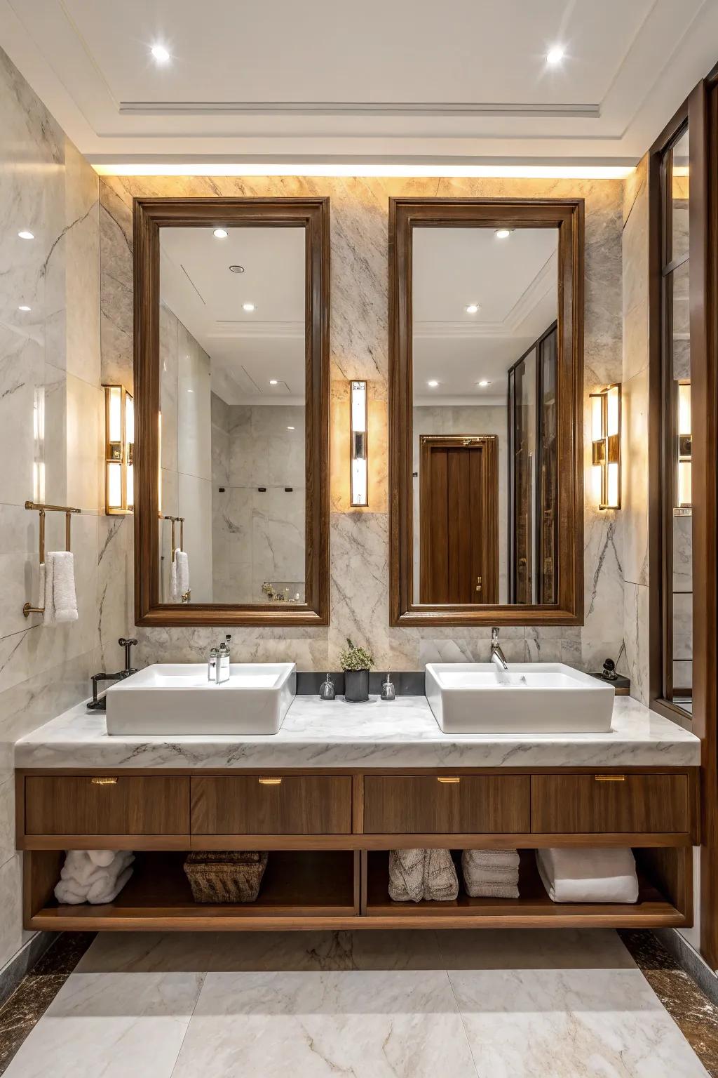 Large standout mirrors bring drama and sophistication above these double sinks.
