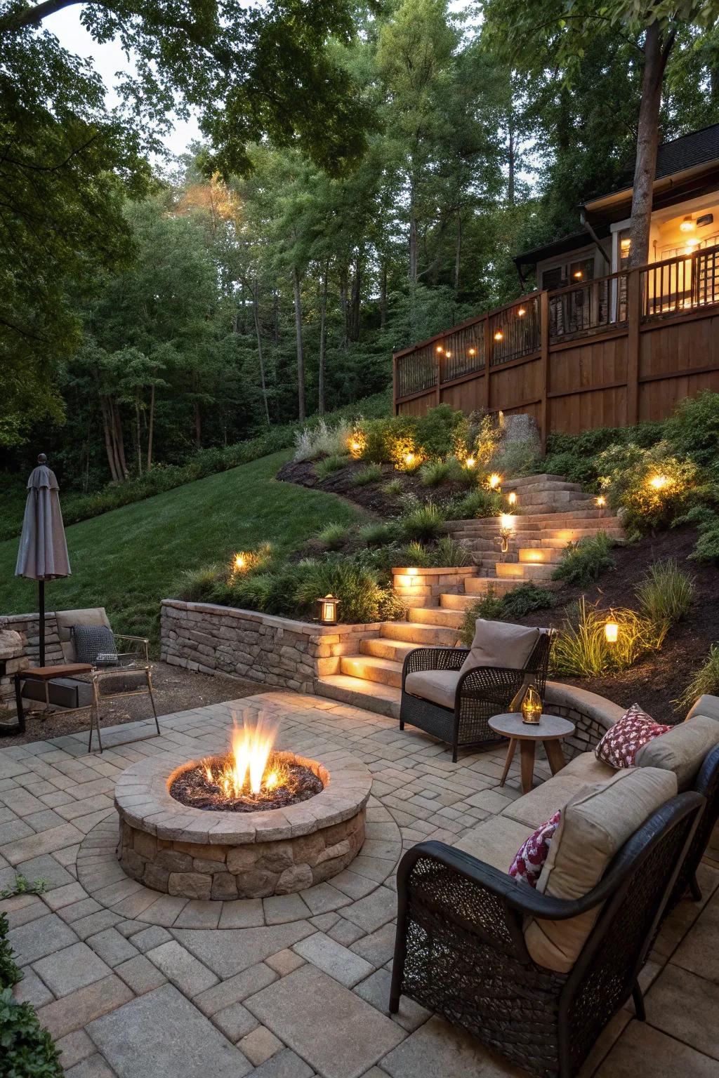 Craft a warm and inviting space with a fire pit on your sloped yard.