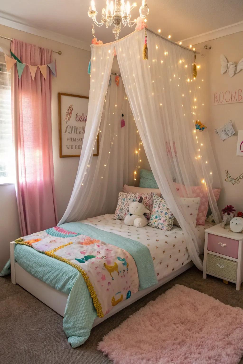A bedroom featuring a quirky four-poster bed and styled decor.