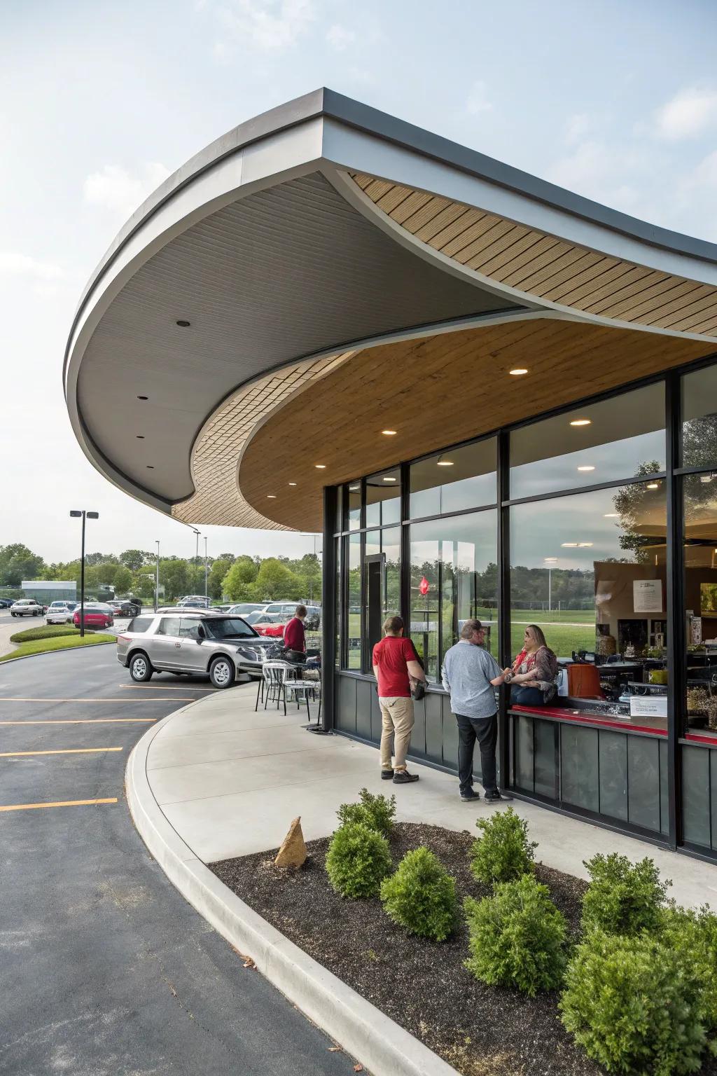 Drive-thru coffee shop with a distinctive building design showcasing an arching rooftop.