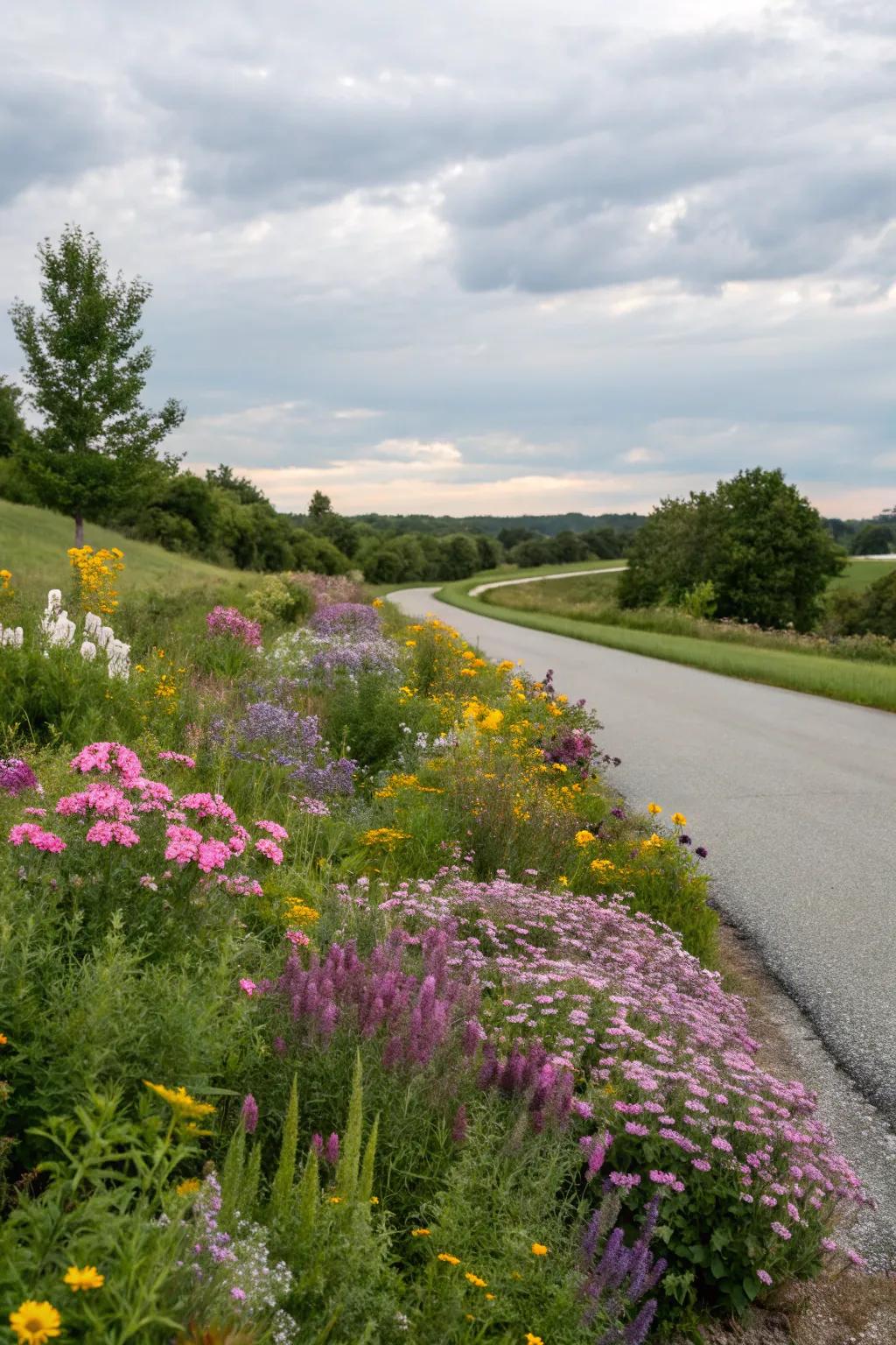 A wildflower haven infuses the driveway with natural allure.