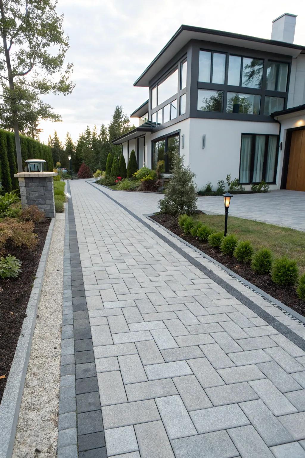 Sleek and modern streamlined block design enhances a contemporary home's driveway.