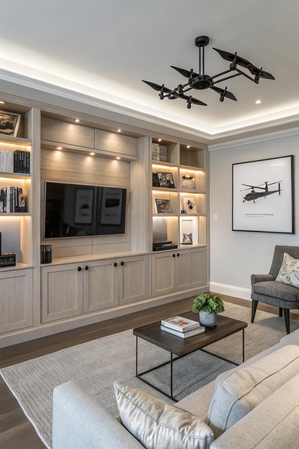 Bespoke built-in cabinetry provides an integrated storage option for drones.