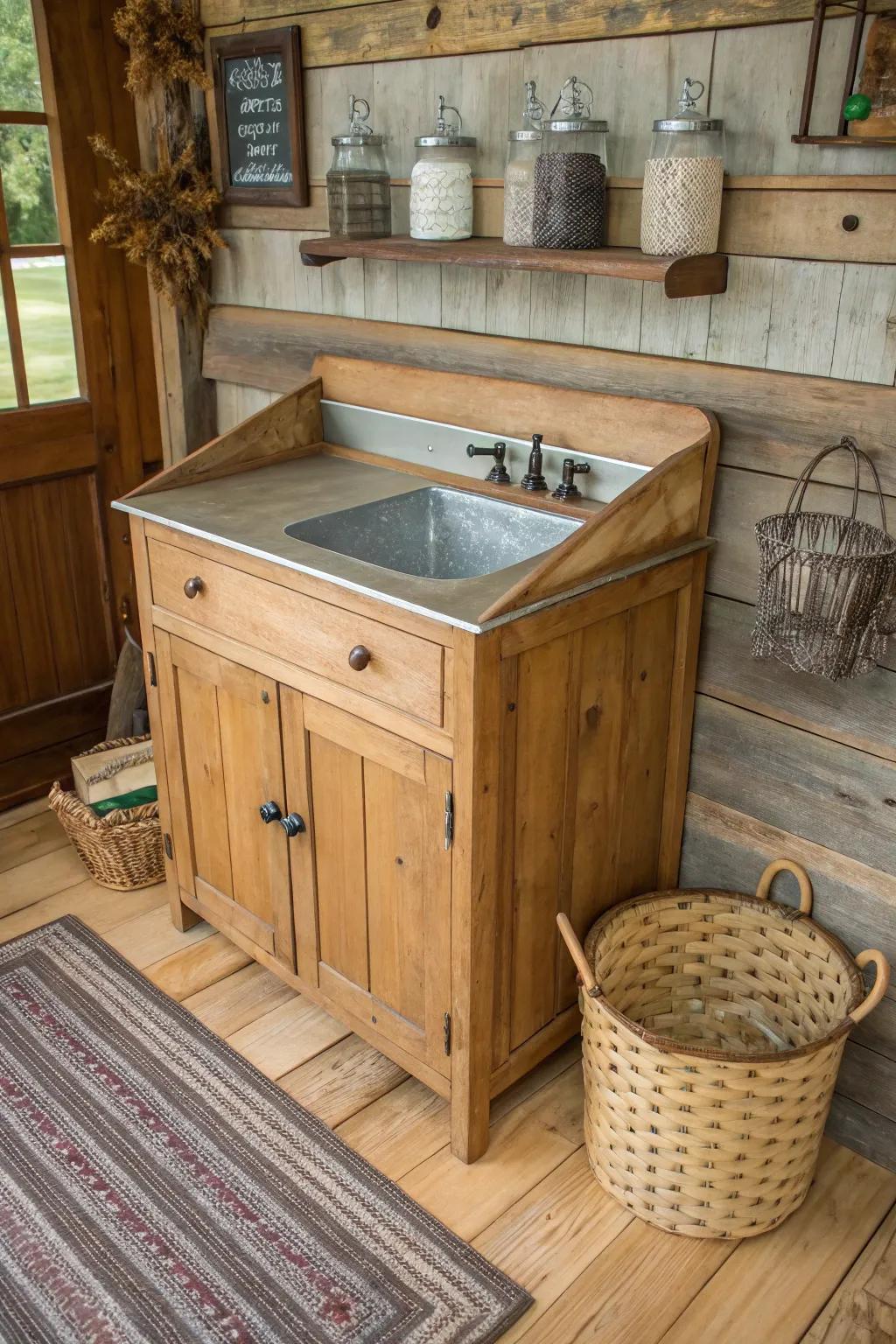 Mixed textures create a rustic modern look for this cabinet sink.