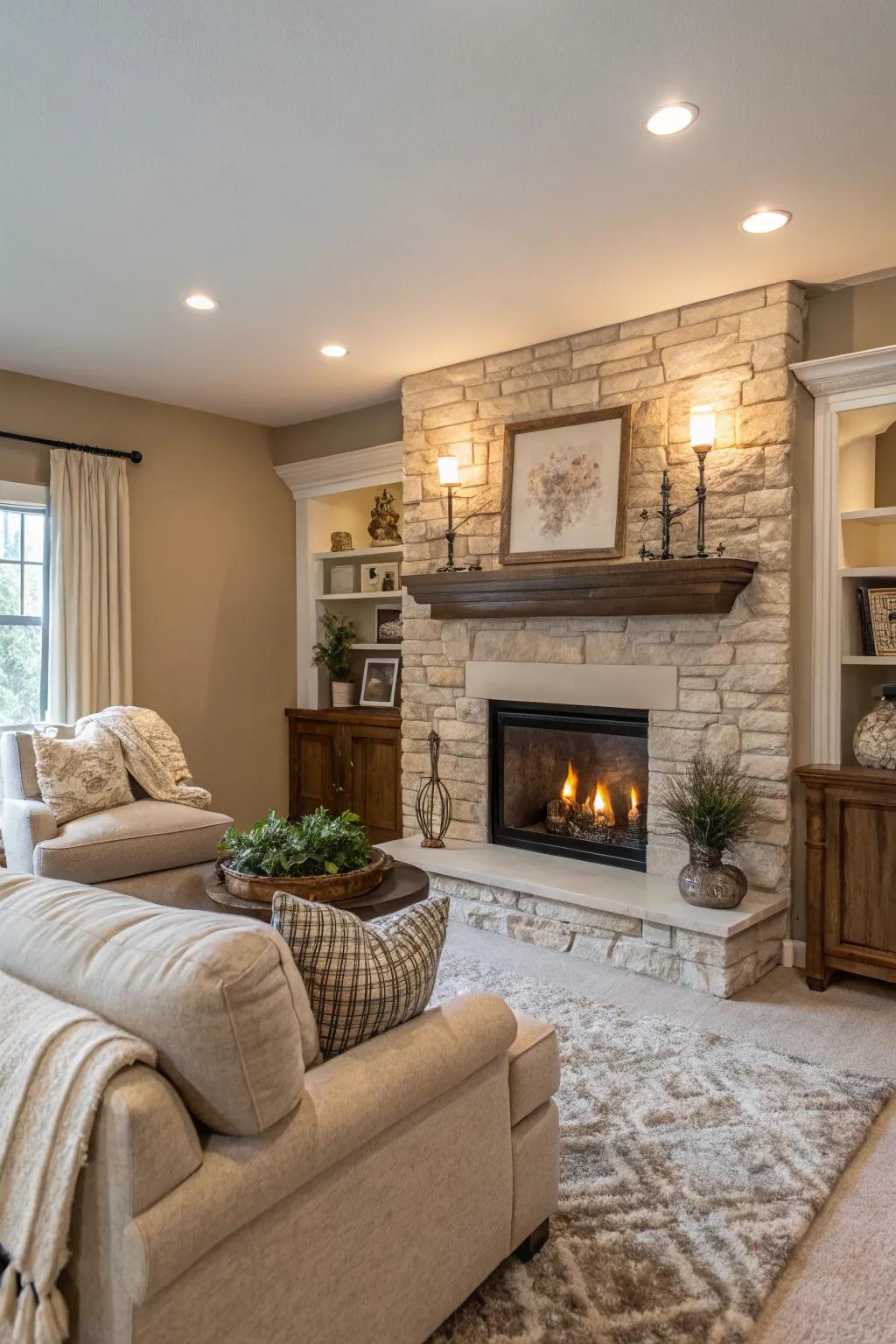 A drywall fireplace fluidly assimilates with neutral decor.