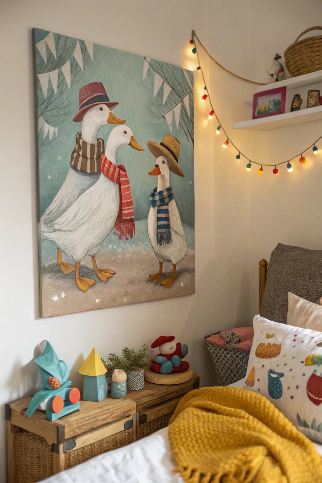 Amusing accessorized aquatic birds inject fun into a child's quarters.